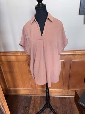Korye Dusty Pink Collared V-Neck Short Sleeve Textured Blouse Top Size XL